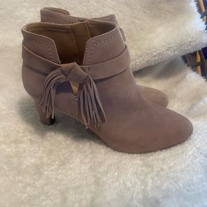 Franco Sarto suede neutral zipped bootie.